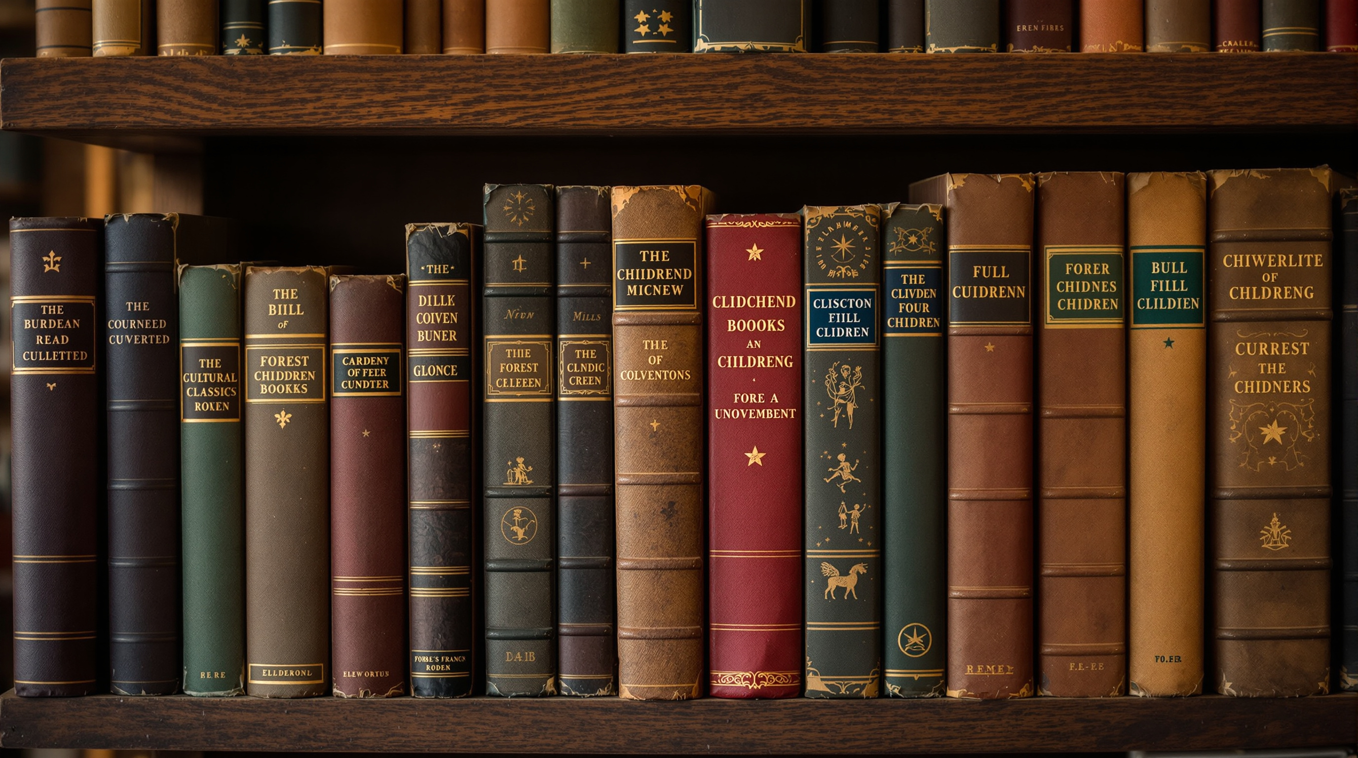 Vintage children's books on wooden shelves